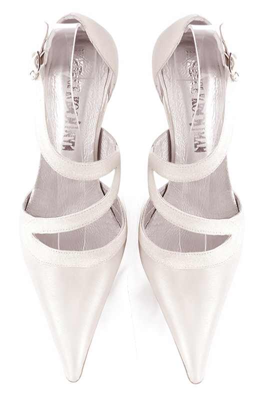 Off white women's open side shoes, with snake-shaped straps. Pointed toe. High slim heel. Top view - Florence KOOIJMAN